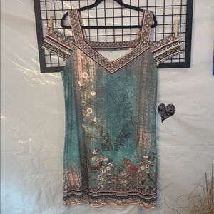 Teal and Pink Floral Midi Dress with stretch